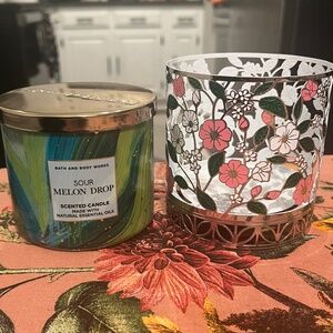 Bath & Body Works Sour Melon Drop 3-wick candle & 3-wick candle holder bundle